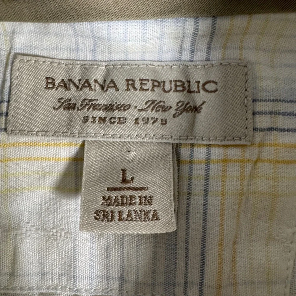 Banana Republic Button Down Shirt Mens L White Yellow Plaid Linen Cotton Blend‎